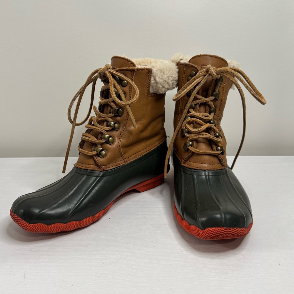 Sperry Saltwater Duck Boots Shearling Lined J.Crew Collab Green Red Women’s 6.5
